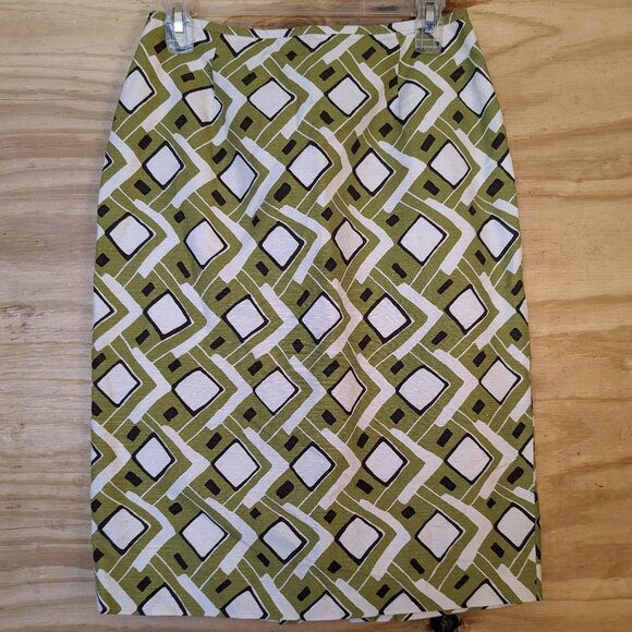 LAFAYETTE 148 Pencil Skirt Size 6 Geometric Retro Vtg 90s Green White Silk Blend - Picture 1 of 9